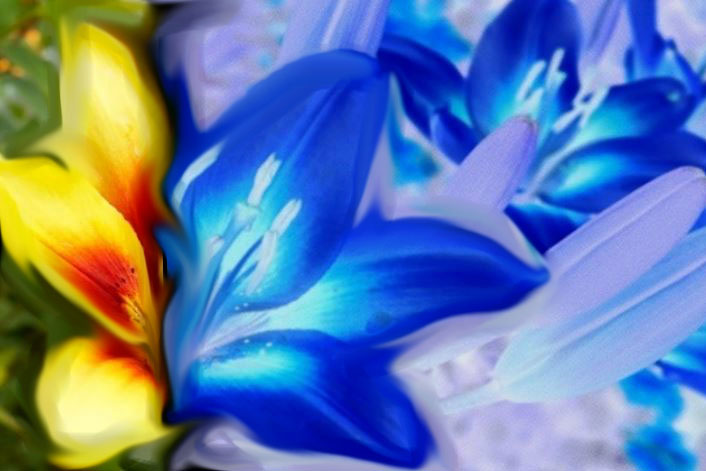 Flor a dos colores. Visión normal humana (amarilla) y visión de abeja (azul)