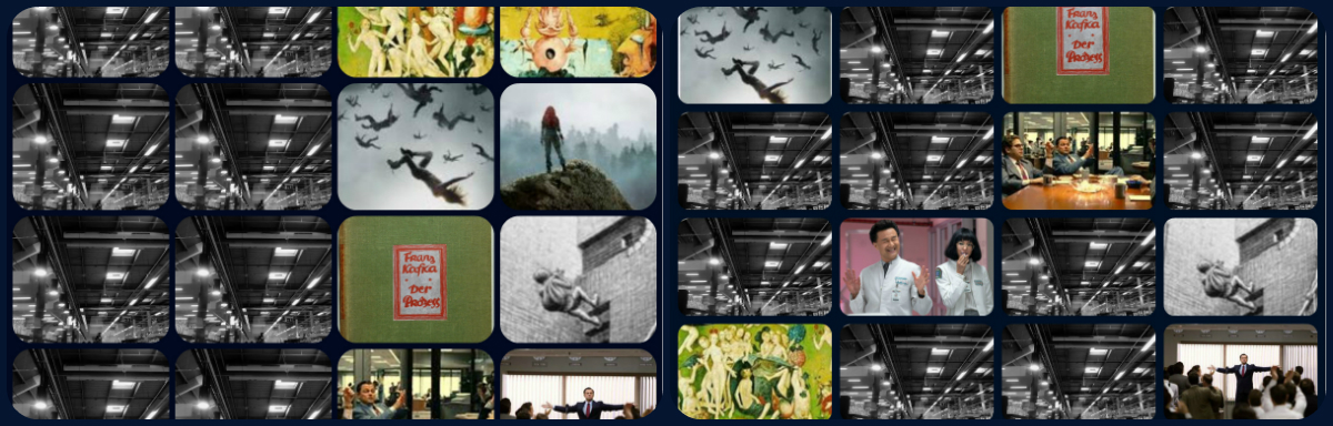 Pantalla dividida en dos en donde un lado representa la baja entropía y el otro la alta. El sistema está representado por una imagen de un techo de una nave y los elementos que se desordenan con imágenes de Los 100; Maniac; Lobo de Wall Street, El proceso; y detalles del Jardín de las delicias del Bosco