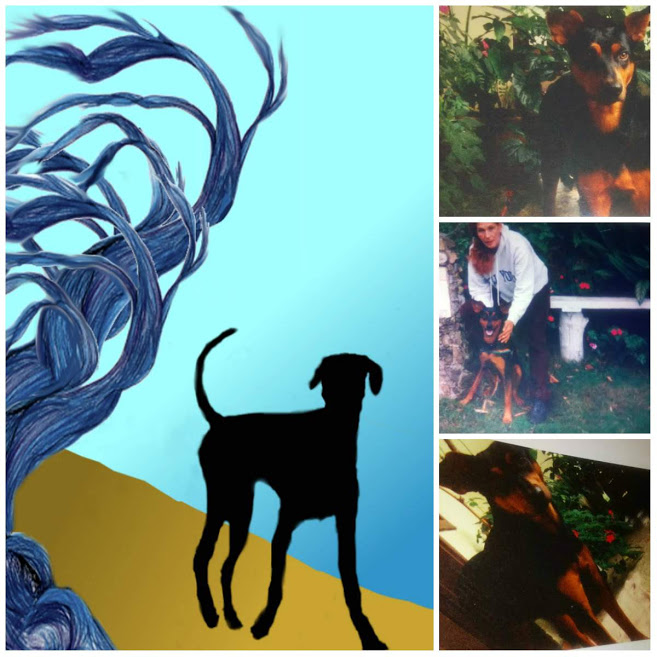 Conjunto de fotos de Mickey. Un perrito negro (mezclado con doberman). A la izquierda un dibujo de su imagen sobre un fondo azul, un trozo de árbol y algo de tierra ocre.