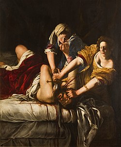 Judit decapitando a Holofernes. Artemisia Gentileschi. Óleo sobre lienzo, 1,99 X 1,62 (Galería de los Uffizi , Italia)