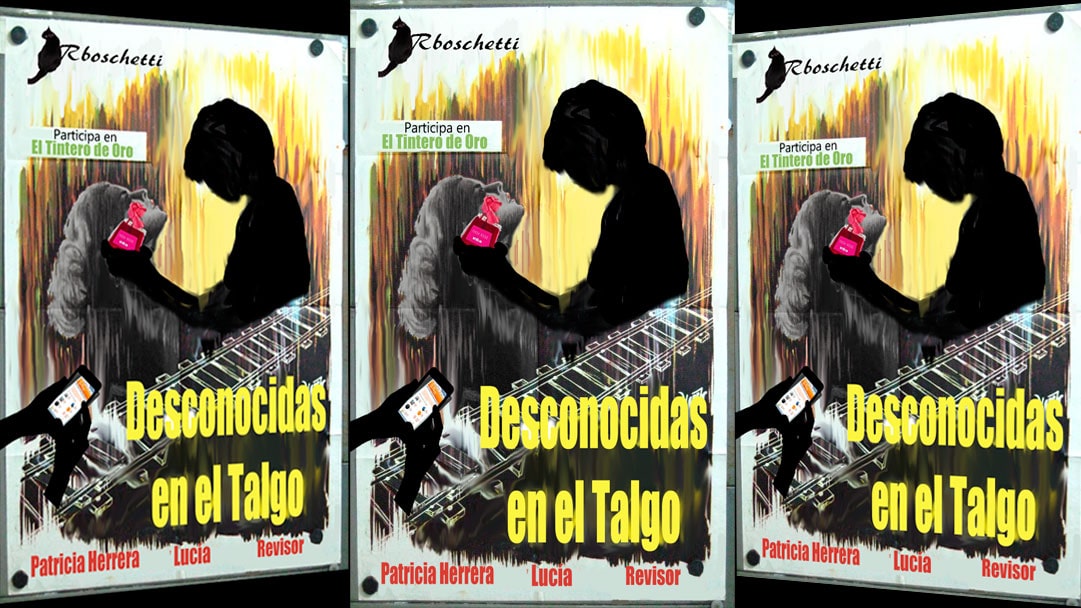 Tríptico con cartel ficticio de la obra: Extraños en un tren