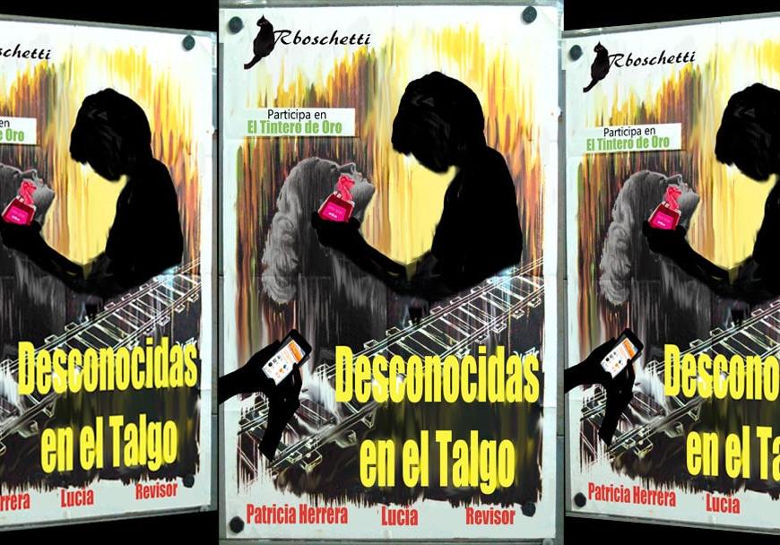 Tríptico con cartel ficticio de la obra: Extraños en un tren