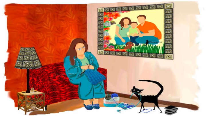 Escena de la madre en el salón de su casa (casa de los padres de Saturnino Segundo) Teje un hilo azul. Gato negro (Bram) al acecho del hilo