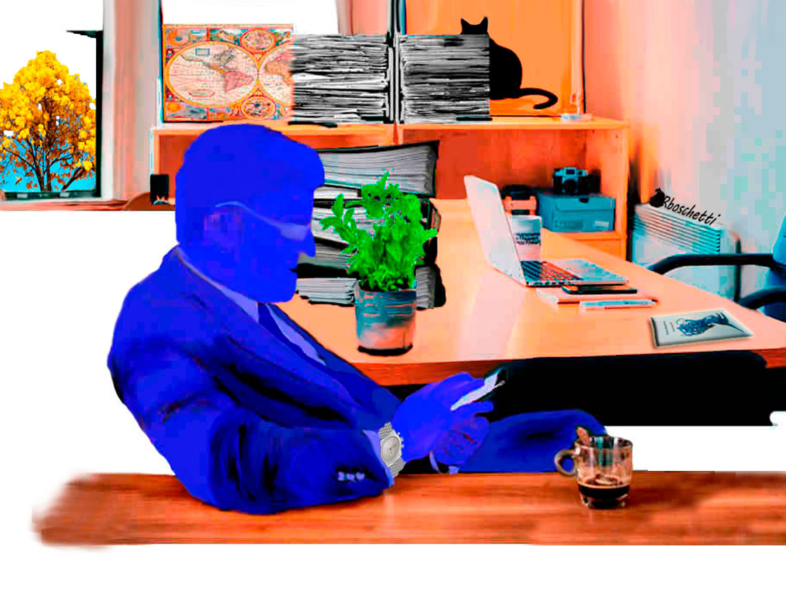 Un hombre sabio. Víctor sentado en la oficina de Saturnino Segundo, revisa el móvil, parece pensativo