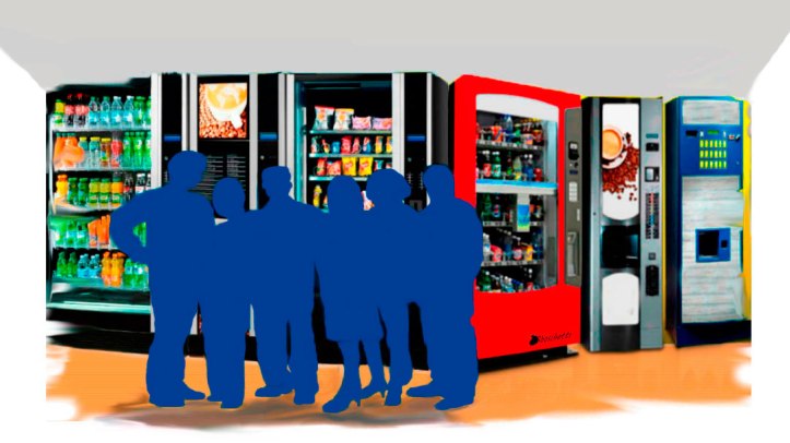Los compañeros de trabajo (siluetas azules) más asiduos a las habladurías en el área de las máquinas de café