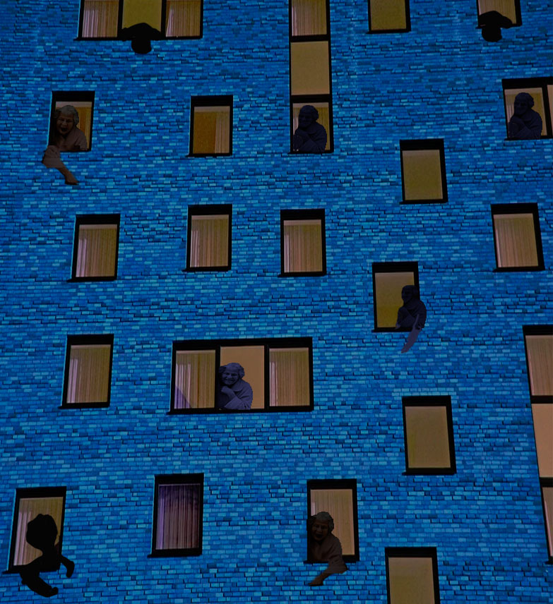 ventanas de un gran edificio azul enfrente del Piso de Daniel con gente asomada y gritando