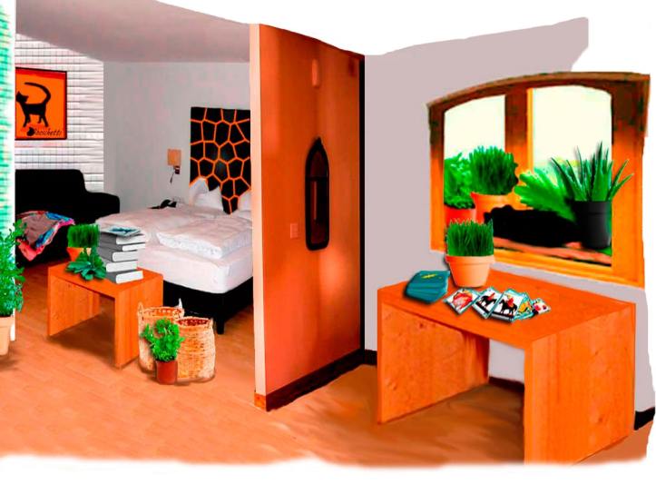 Gato negro( Bram) duerme en la ventana. Habitación del hostal ordenada. Sobre la mesa las barajas españolas extendidas. Caballos enfrentados. Rey de oro