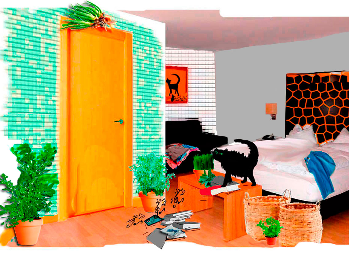 Habitación del hostal. Desorden. El libro Malas decisiones en el suelo. Gato negro (Bram) escucha lo que Saturnino Segundo le cuenta sobre Anier y la música desde el teléfono