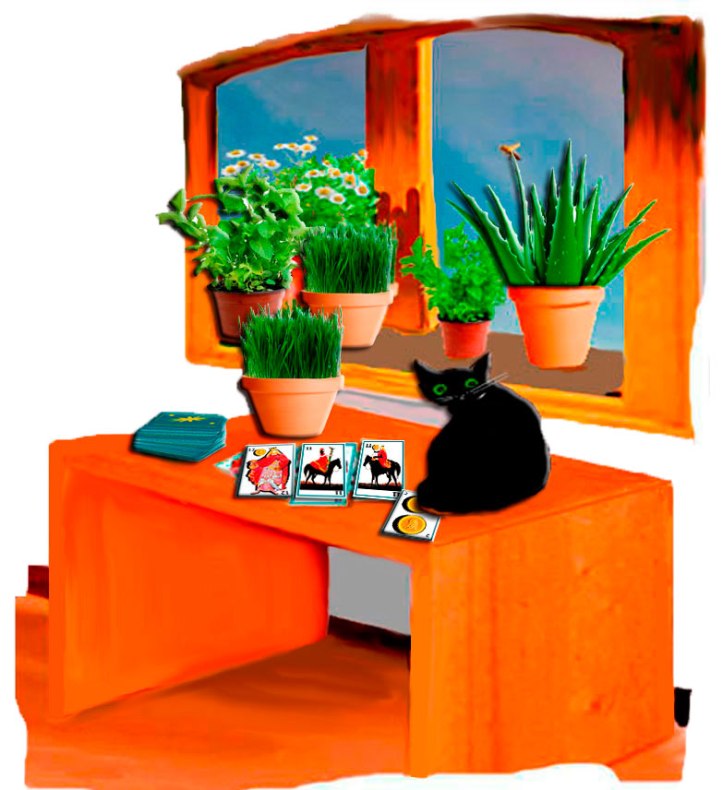 Detalle de la ventana de la habitación del hostal vista desde adentro. Esa abeja ronda la planta de aloe vera. obre la mesa el gato negro (Bram) cubre el dos de oro (prudencia) las barajas españolas extendidas señalan caballos enfrentados y el rey de oro.