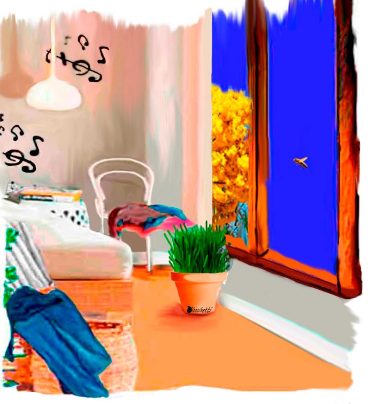 Esa abeja ronda la habitación de casa de los padres de Saturnino Segundo. La ventana, ropa y una planta con hierba de gato. Música