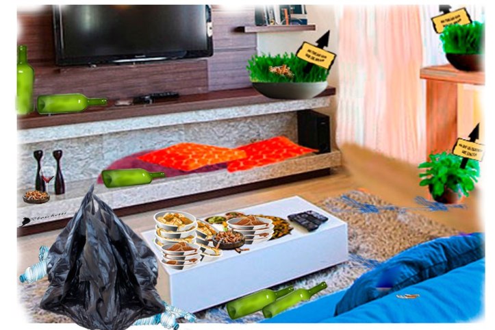 Desastre luego de la reunión en el piso de Daniel en desorden, con colillas y basura