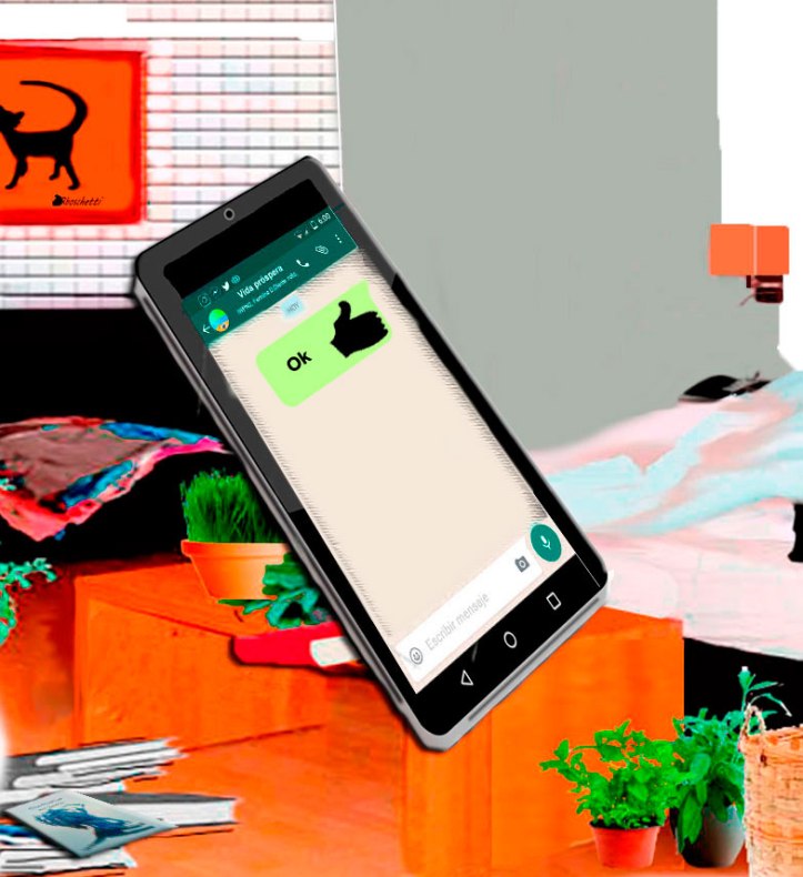 Respuesta afirmativa de Saturnino Segundo al chat del grupo Vida próspera. Habitación del hostal en desorden, el libro Malas decisiones en el suelo.