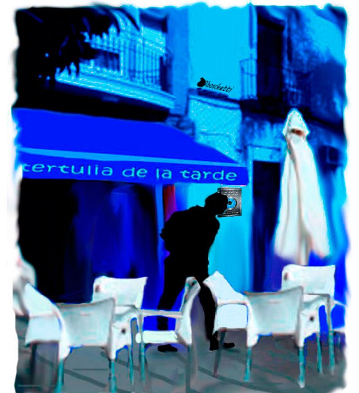 Saturnino Segundo (silueta) al salir del Café de la tertulia de la tarde.