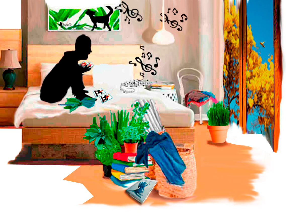 Sentado sobre sus cama, Saturnino Segundo escucha música y consulta las barajas españolas: Caballos enfrentados, se auguran conversaciones. Detrás de la venta esa abeja sobre vuela. Ropa, hojas de salvia, y cosas en el suelo auguran conversaciones