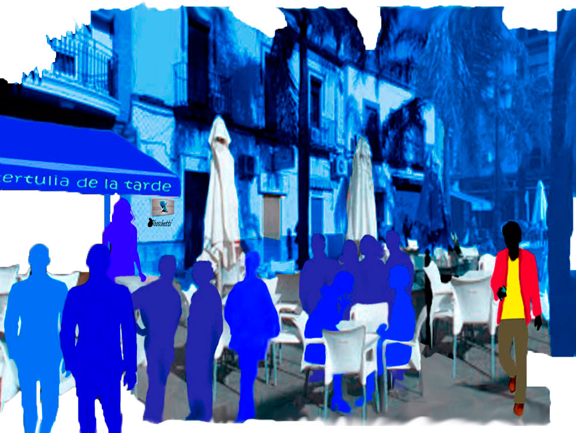 Café de la tertulia de la tarde. Terraza con sillas, mesas y siluetas azules. Saturnino Segundo llega