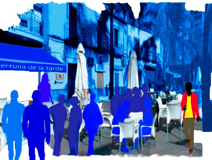 Café de la tertulia de la tarde. Terraza con sillas, mesas y siluetas azules. Saturnino Segundo llega