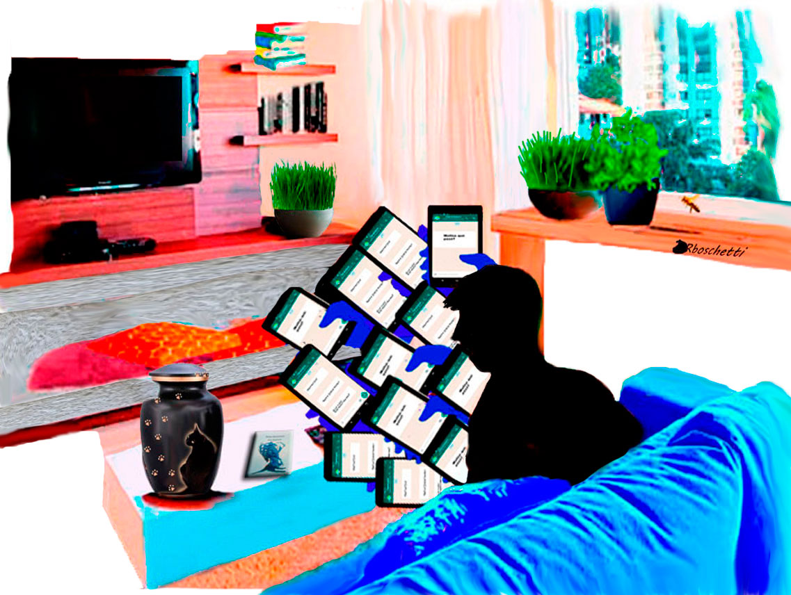 Revisa mensajes del móvil. Sobre la mesa del salón del piso de Daniel: la urna con las cenizas del gato negro (Bram) y El libro Malas decisiones