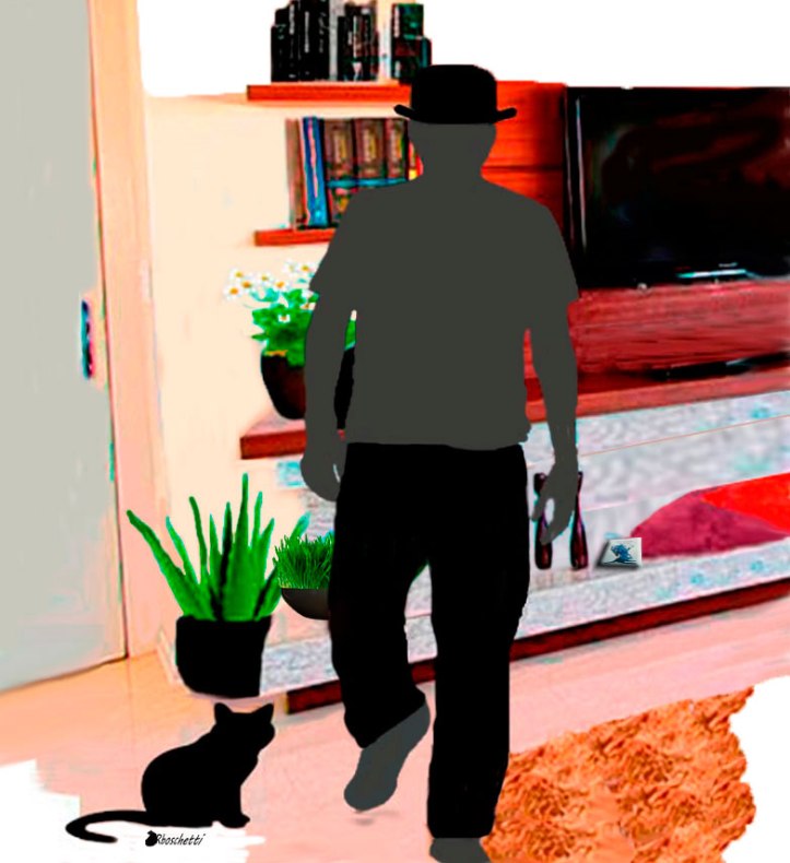 Bram escucha resignado a Saturnino Segundo (silueta) en el salón del Piso de Daniel.