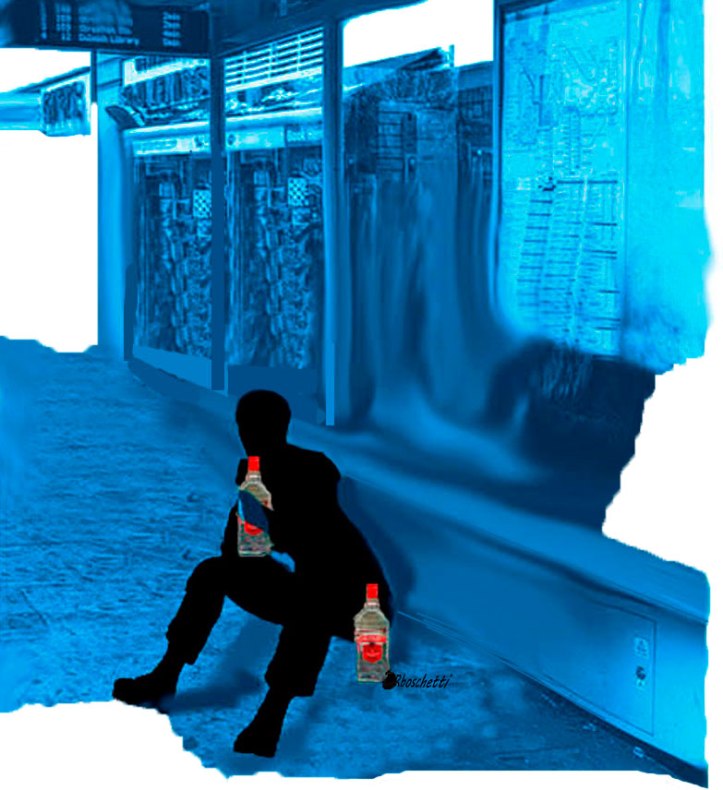 Sentado en el suelo de la parada de autobús tiene extrañas visiones