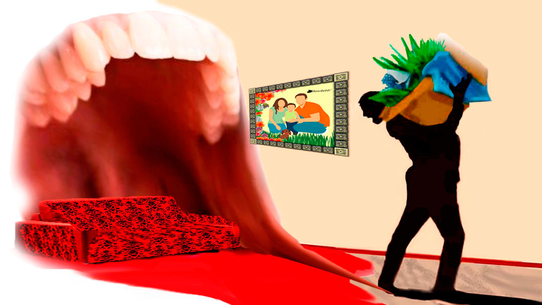 Salón-comedor casa de los padres (gritan) de Saturnino Segundo (sale con sus plantas en una caja de cartón)