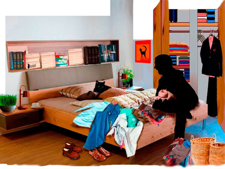 Gato negro (Bram) ayuda a elegir camisa a Saturnino Segundo (silueta) para su cita. Ambos están sentados en la en la cama de la habitación del piso de Daniel.